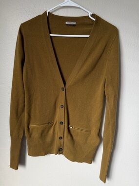 J.Crew 100% Cashmere V-Neck Cardigan Zip Pockets Olive Green S quiet luxury